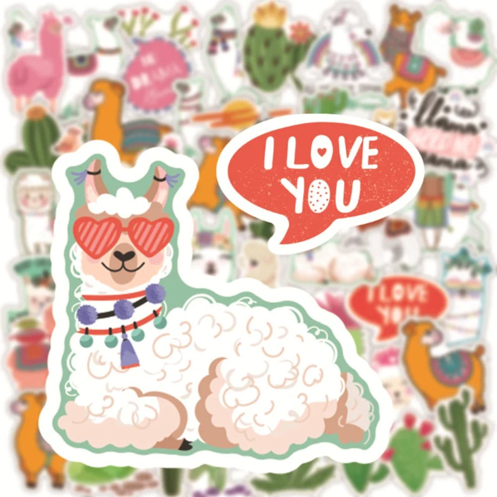 50PCS Cartoon Green Fresh Cute Alpaca Cactus Doodle Stickers Exquisite Fashion Creative DIY Journal Decorative Decals Suitable for Mugs, Helmets, Skateboards, Refrigerators, Stationery Boxes