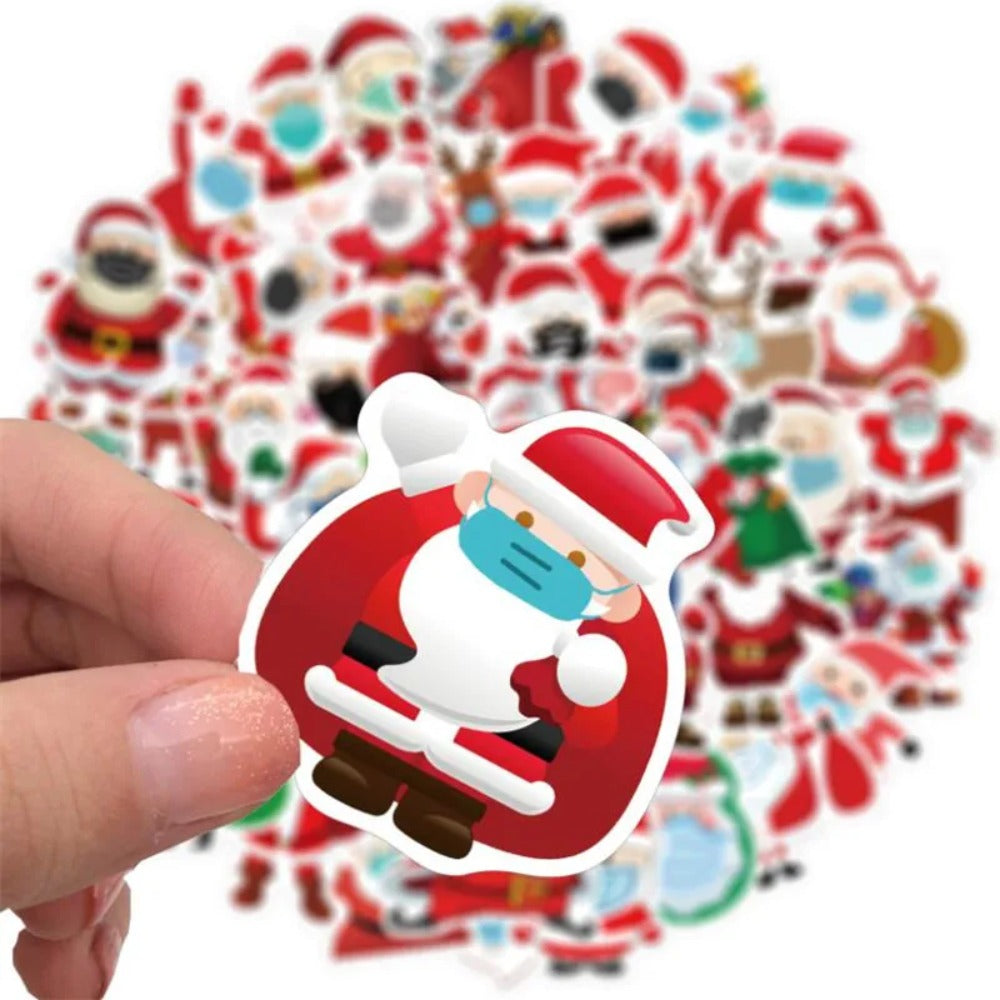50PCS Cartoon Santa Claus Mask-Wearing Decorative Style Graffiti Stickers Exquisite, Fashionable, Creative DIY Journal Decorative Decals Suitable for Cups, Helmets, Skateboards, Refrigerators, Stationery Boxes