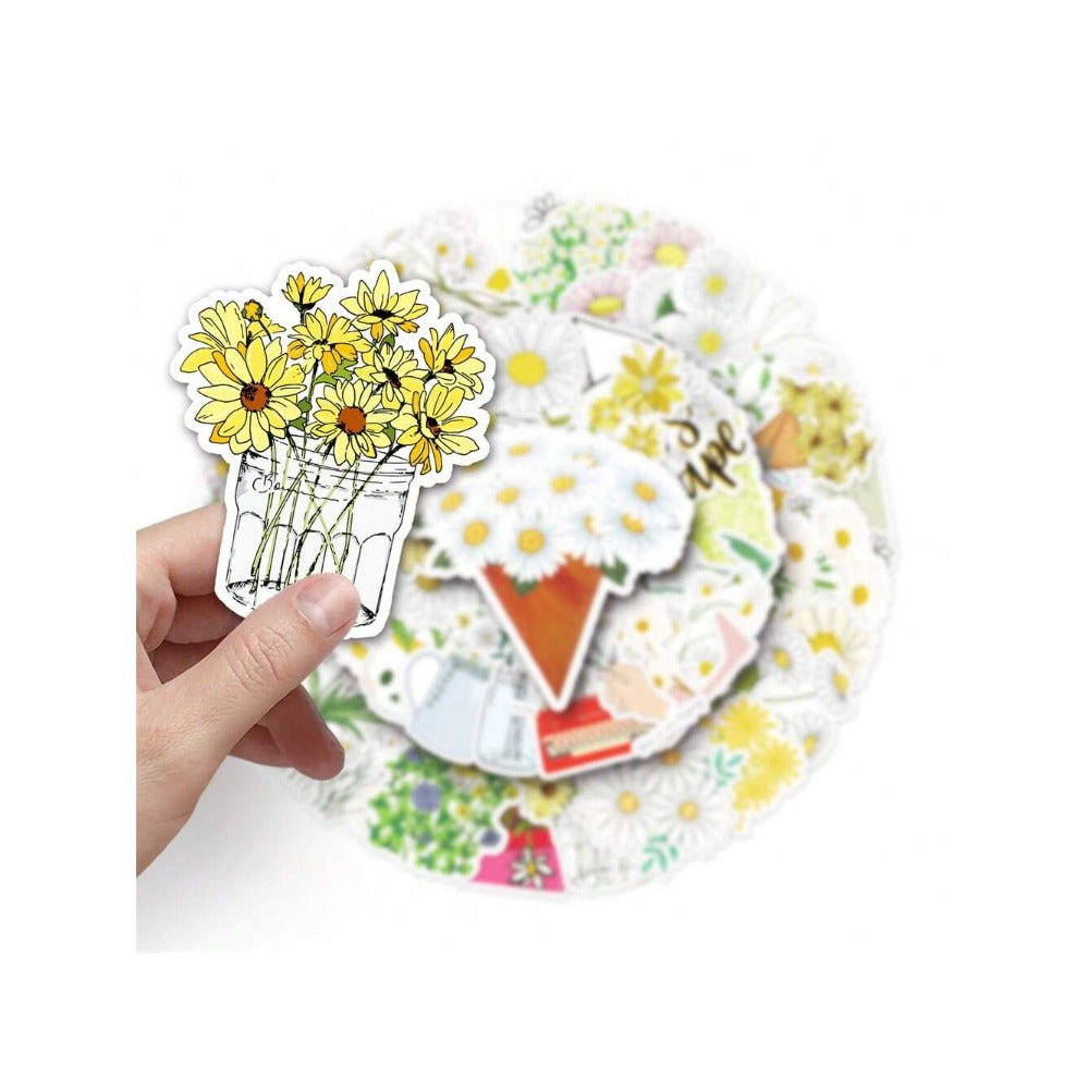50PCS Cartoon Daisy Mini Flower Doodle Stickers Exquisite, Fashionable, Creative DIY Journal Decorations Suitable for Refrigerators, Guitars, Helmets, Water Bottles, Skateboards, and Stationery Boxes