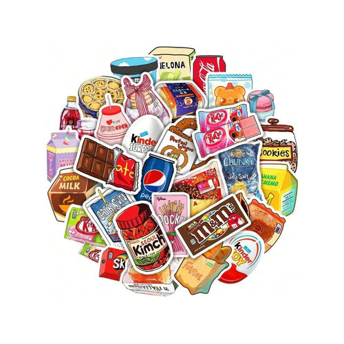 50PCS Ins Wind Snack Packaging Cute Doodle Stickers Exquisite Fashion Creative DIY Journal Decor Decals Suitable for Helmets, Guitars, Skateboards, Water Bottles, Refrigerators, Stationery Boxes