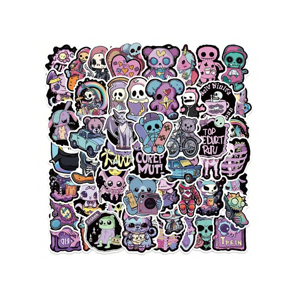 50PCS Purple Gothic Cartoon Halloween Doodle Stickers Exquisite Creative DIY Journal Decorative Decals Suitable for Mugs, Helmets, Guitars, Bags, and Stationery Boxes