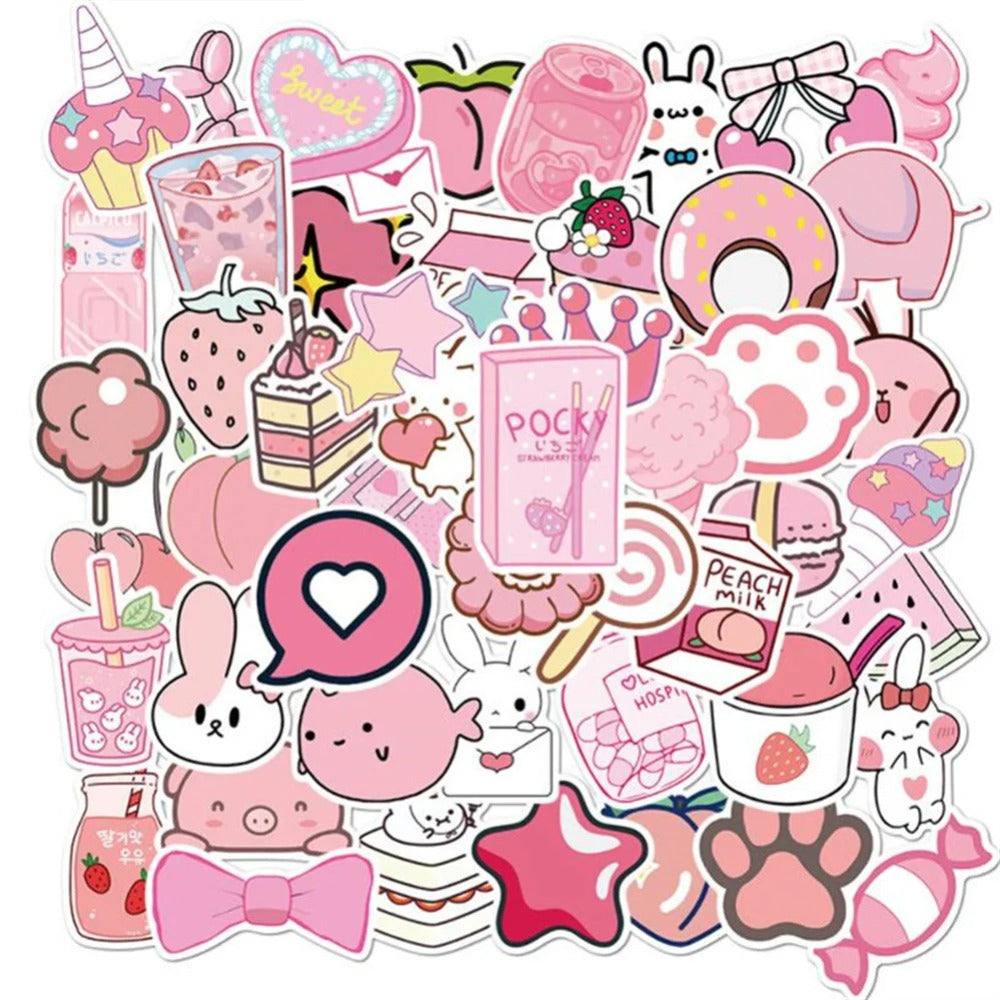 50PCS Cartoon Pink Girl Fresh & Cute Doodle Stickers Exquisite Fashion Creative DIY Journal Decorative Decals Suitable for Cups, Helmets, Skateboards, Refrigerators, Guitars, and Stationery Boxes