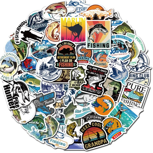 50PCS Lakeside Fishing Doodle Stickers, Serene Cartoon Decals of Rods, Hooks, and Tranquil Waters for Relaxation