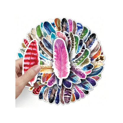 64PCS Cartoon Feather Pattern Doodle Stickers Exquisite and Stylish DIY Journal Decorative Decals Suitable for Suitcases, Desks, Laptops, and Stationery Cases