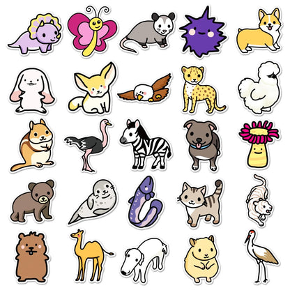 50PCS Cute Animal Doodle Stickers, Cartoon Kawaii Vinyl Decals for Laptop, Journal, Water Bottle, Gift