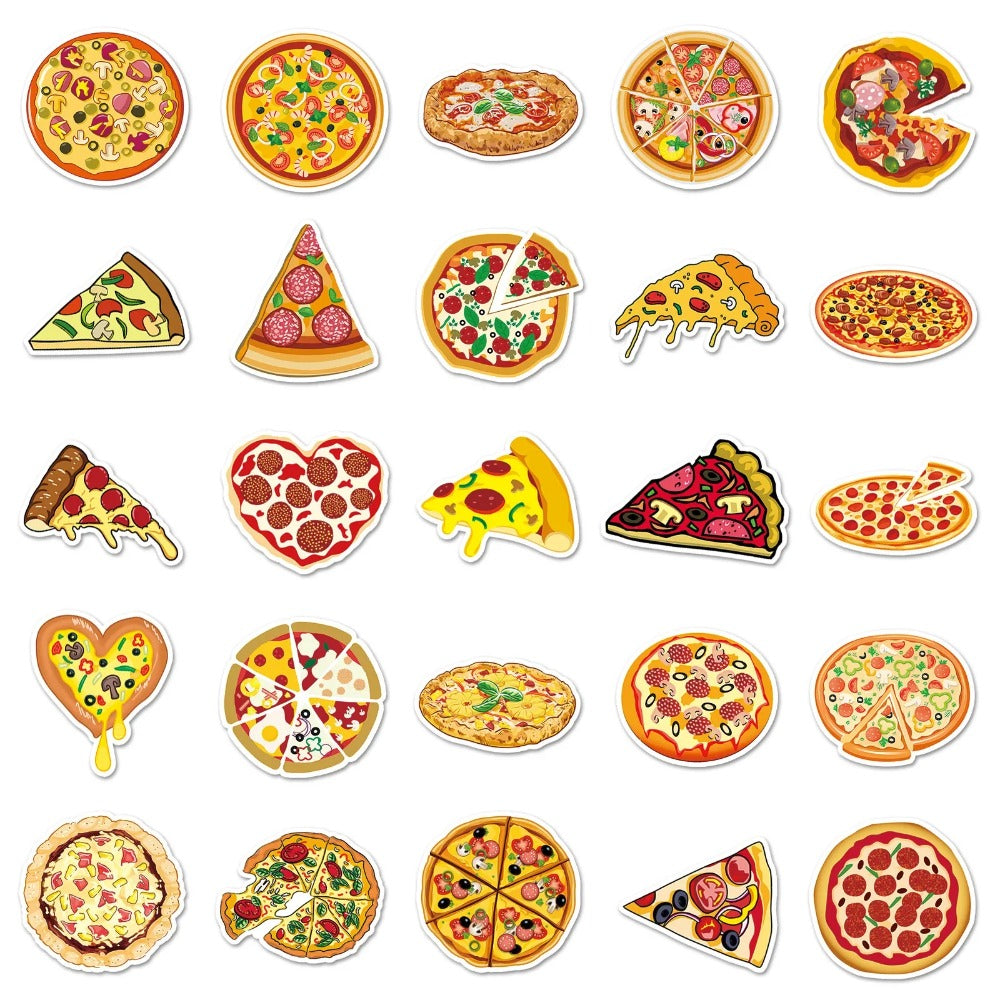 50PCS Pizza Food Doodle Stickers, Cute Cartoon Slice Vinyl Decals for Foodies, Laptops, Lunch Boxes