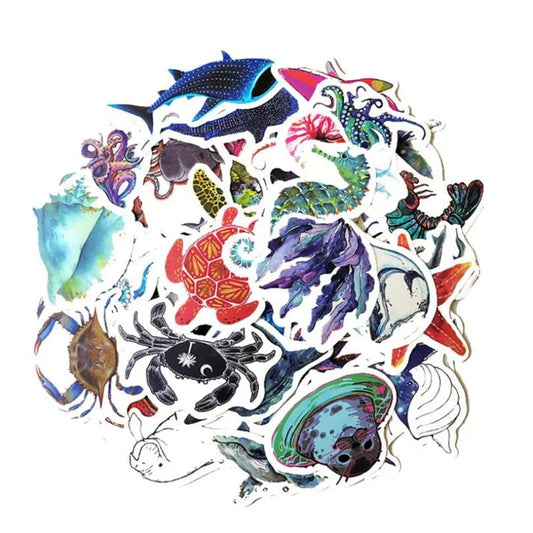 50PCS Blue Sea Creatures Stickers, Cute Cartoon Whale Shark Octopus Turtle Doodle Vinyl Decals for Water Bottle Laptop Hydro Flask Scrapbook Journal DIY Kids Craft Decor