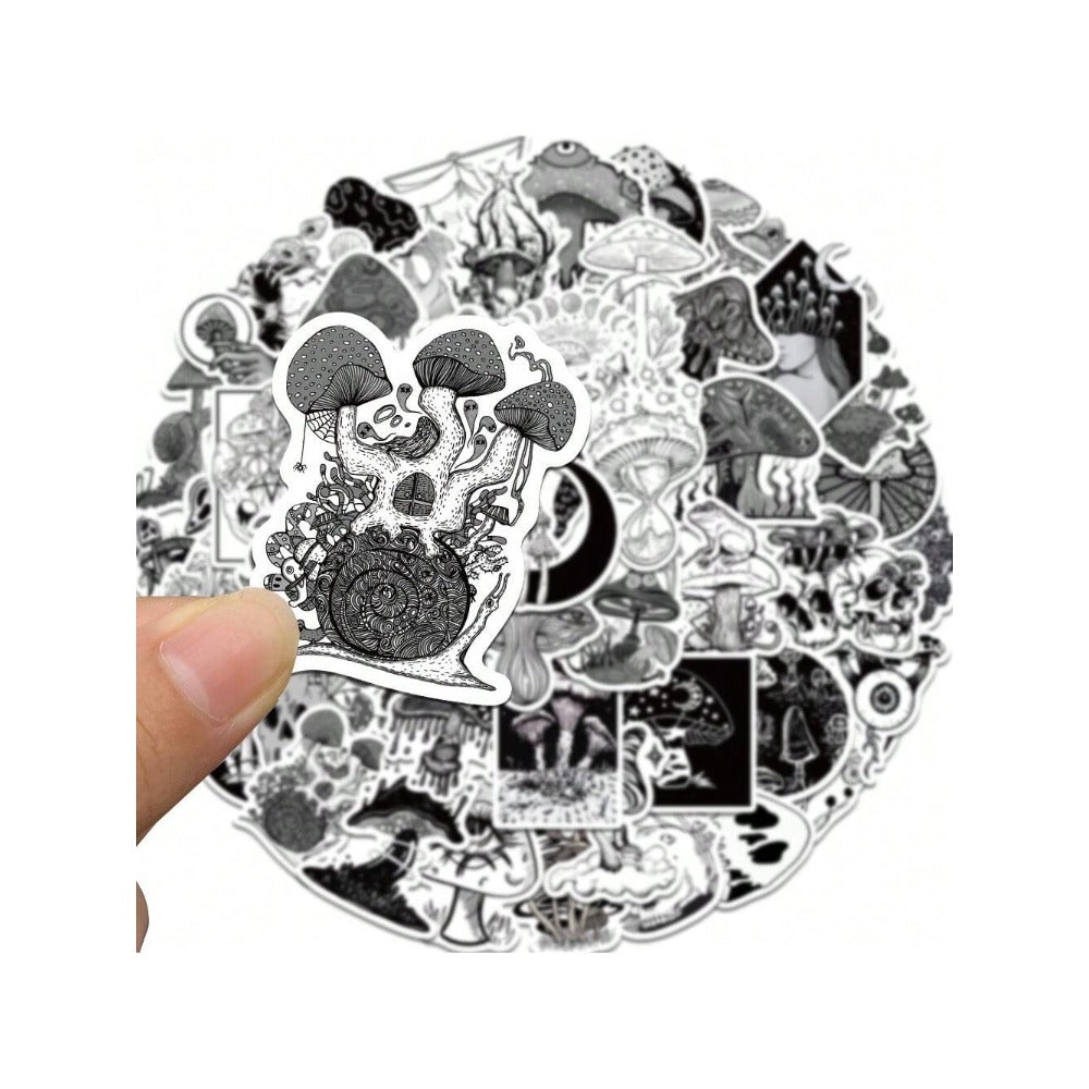 50PCS Gothic Horror Mushroom Series Graffiti Stickers Exquisite Fashion Punk Black & White Skull DIY Journal Decor Decals Suitable for Refrigerators, Helmets, Skateboards, Water Bottles, Stationery Boxes