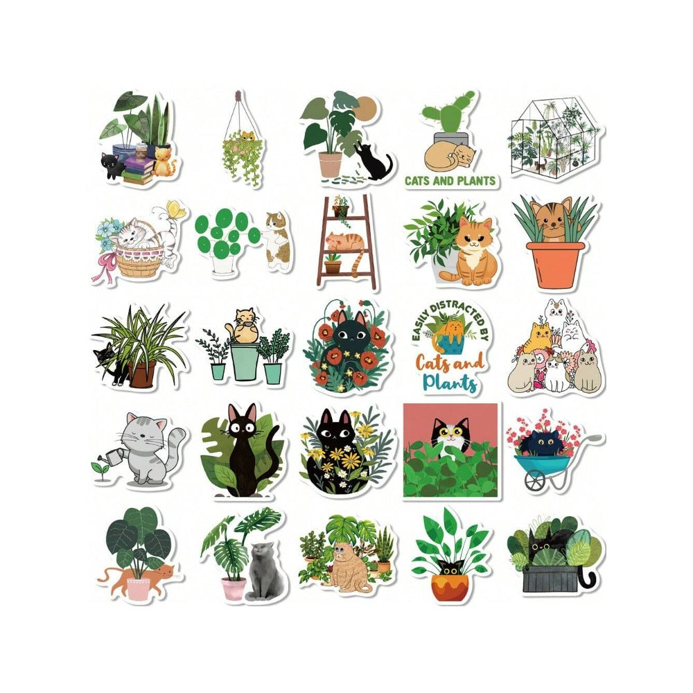 50PCS Cute Cartoon Cat and Plant Doodle Stickers Exquisite, Fashionable, Creative DIY Journal Decorations Suitable for Luggage, Laptops, Skateboards, Guitars, Diaries, Helmets, and Stationery Boxes