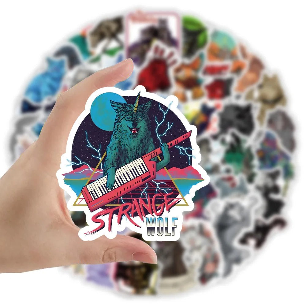 50PCS Cartoon Wild Wolf Animal Doodle Stickers Perfect for phone cases, laptops, desks, luggage, helmets, guitars, skateboards, water bottles, pencil cases, and exquisite DIY desktop decorations.