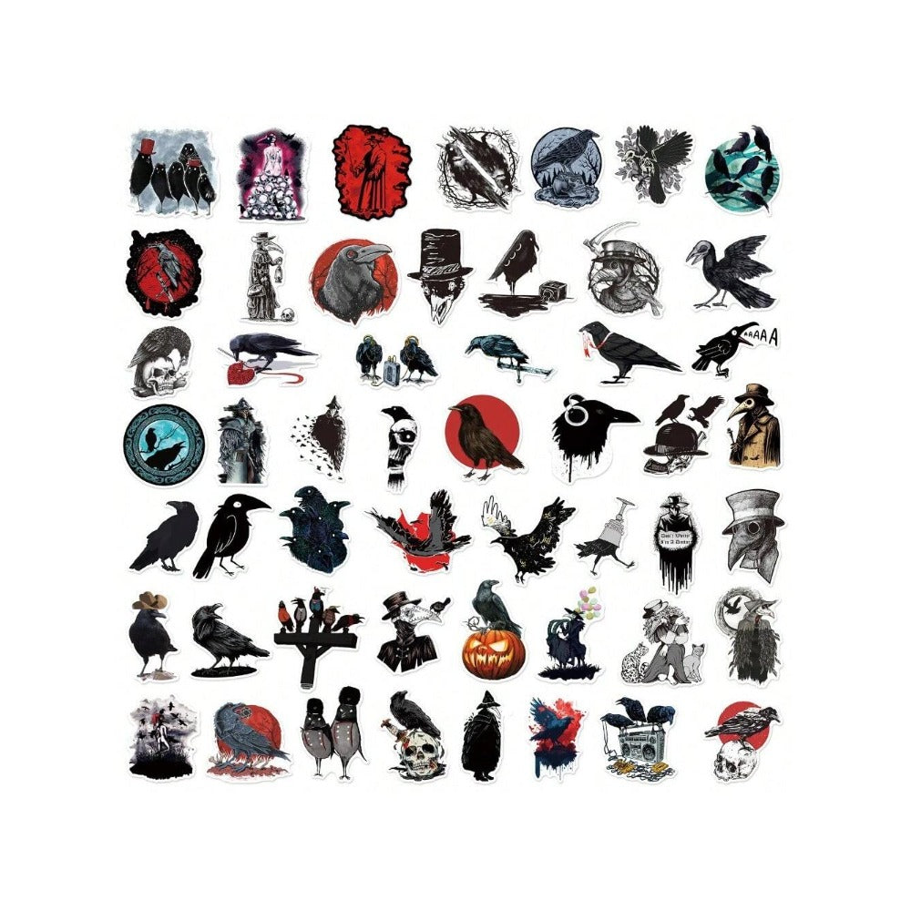 50PCS Cartoon Scary Crow Doodle Stickers Exquisite, Stylish, Creative Journal Decor Decals Suitable for Helmets, Guitars, Skateboards, Bags, Water Bottles, and Stationery Cases