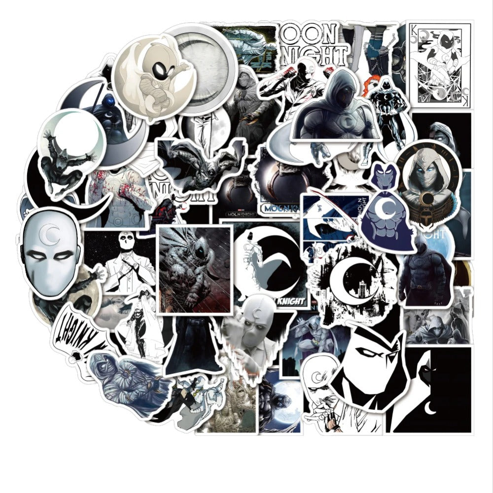 50PCS Moon Knight Anime-Inspired Stickers - Lunar Vigilante Doodle Decals for Dissociative Identity Journals, Nocturnal Justice Logs & Crescent Mythology Projects