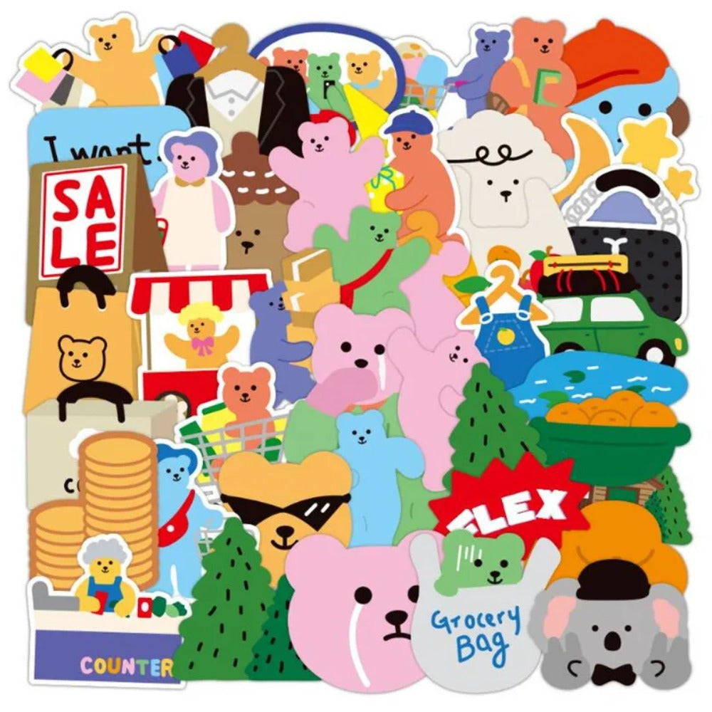 50PCS Korean Bear Cartoon Doodle Stickers for Laptops, Suitcases, Skateboards, Guitars, Helmets, Stationery Boxes, and Desktops