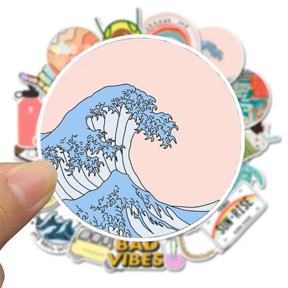 50PCS Adorable Geometric Minimalist Cartoon Doodle Stickers for Suitcases, Water Bottles, Helmets, Guitars, Skateboards, Stationery Boxes, and Desktop Decor