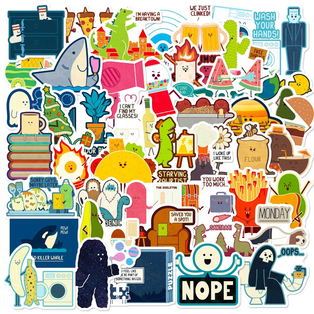 50PCS Cartoon Minimalist Food Girl-Themed Doodle Stickers for Suitcases, Guitars, DIY Scrapbooks, Wall Decals, and Toy Decorations