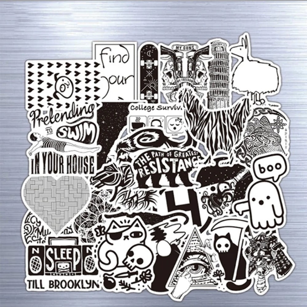 50PCS Cartoon Black & White Metallic-Style Graffiti Stickers Exquisite, Fashionable, Creative DIY Decorative Decals for Notebooks Perfect for Cups, Helmets, Skateboards, and Stationery Cases