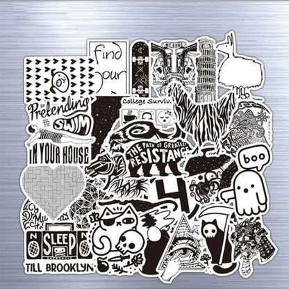 50PCS Cartoon Black & White Metallic-Style Graffiti Stickers Exquisite, Fashionable, Creative DIY Decorative Decals for Notebooks Perfect for Cups, Helmets, Skateboards, and Stationery Cases