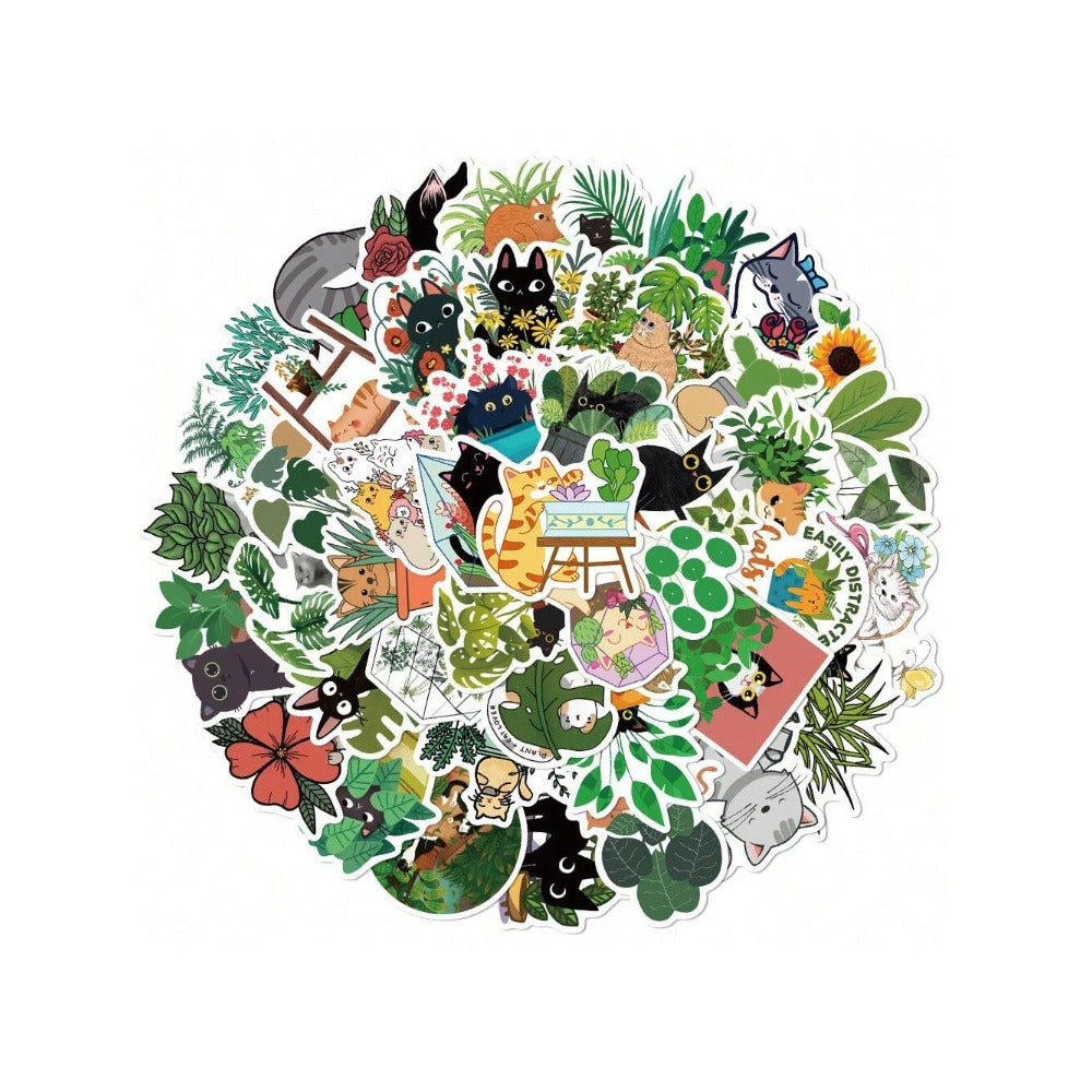 50PCS Cute Cartoon Cat and Plant Doodle Stickers Exquisite, Fashionable, Creative DIY Journal Decorations Suitable for Luggage, Laptops, Skateboards, Guitars, Diaries, Helmets, and Stationery Boxes