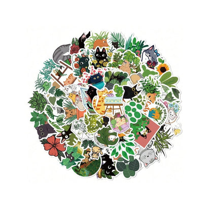 50PCS Cute Cartoon Cat and Plant Doodle Stickers Exquisite, Fashionable, Creative DIY Journal Decorations Suitable for Luggage, Laptops, Skateboards, Guitars, Diaries, Helmets, and Stationery Boxes