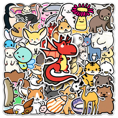 50PCS Cute Animal Doodle Stickers, Cartoon Kawaii Vinyl Decals for Laptop, Journal, Water Bottle, Gift