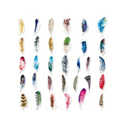 64PCS Cartoon Feather Pattern Doodle Stickers Exquisite and Stylish DIY Journal Decorative Decals Suitable for Suitcases, Desks, Laptops, and Stationery Cases