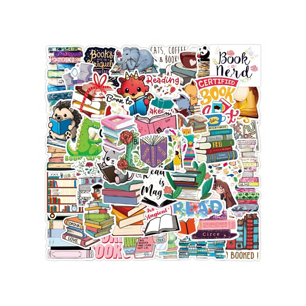 50PCS Cartoon Reading Book Doodle Stickers Exquisite and Stylish DIY Decorative Decals Suitable for Helmets, Water Bottles, Skateboards, Guitars, Stationery Boxes, and Desktops