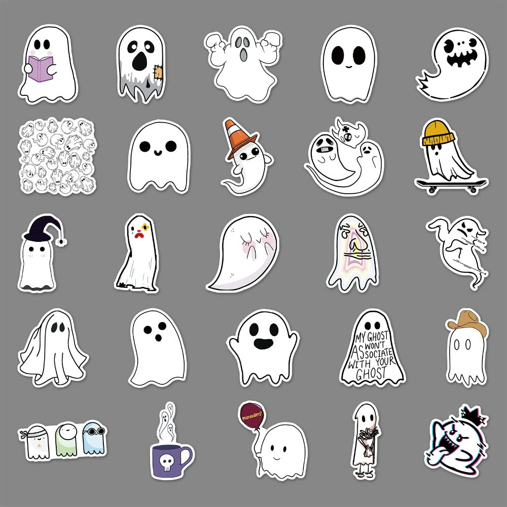 50PCS Cartoon Halloween Spooky Cute Ghost Doodle Stickers for Laptops, Guitars, Skateboards - Stylish Popular Toy Decals