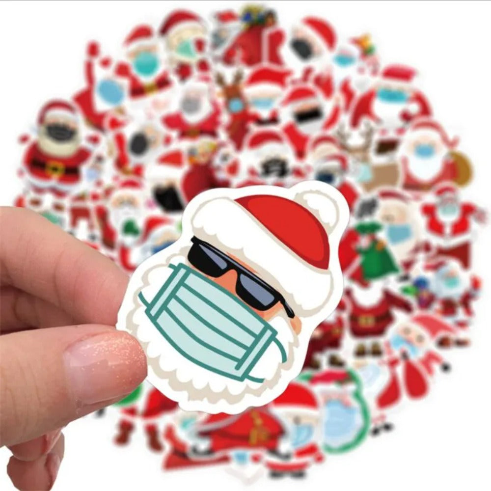 50PCS Cartoon Santa Claus Mask-Wearing Decorative Style Graffiti Stickers Exquisite, Fashionable, Creative DIY Journal Decorative Decals Suitable for Cups, Helmets, Skateboards, Refrigerators, Stationery Boxes