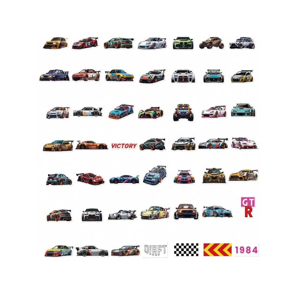50PCS Cartoon Racing Car Decal Stickers - Stylish & Creative DIY Decorative Decals for Computer Desks, Luggage, Bedside Tables, Stationery Boxes, and Desktop Surfaces