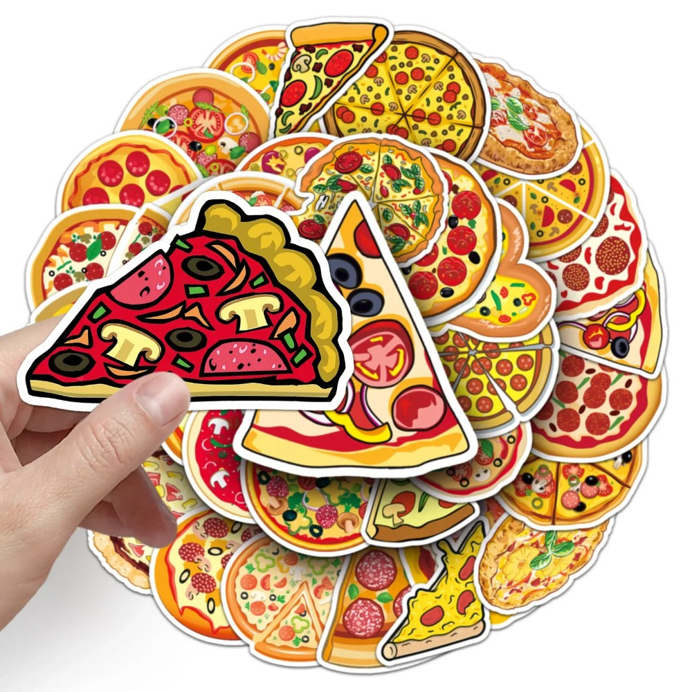 50PCS Pizza Food Doodle Stickers, Cute Cartoon Slice Vinyl Decals for Foodies, Laptops, Lunch Boxes