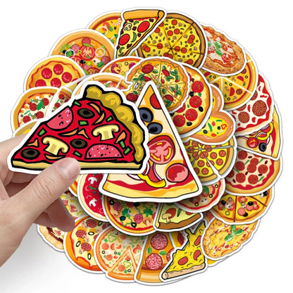 50PCS Pizza Food Doodle Stickers, Cute Cartoon Slice Vinyl Decals for Foodies, Laptops, Lunch Boxes