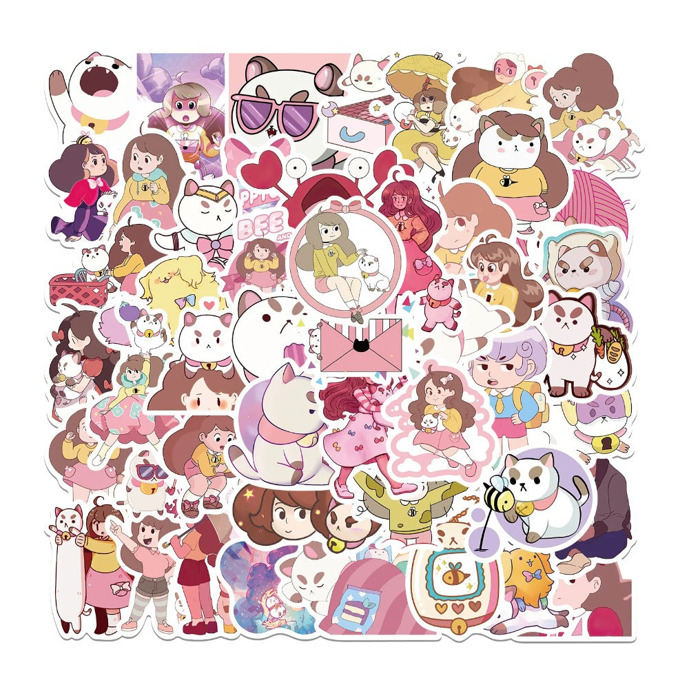 50PCS Cartoon Bee Girl and Dog Cat Doodle Stickers Exquisite and Stylish DIY Journal Decorative Decals Suitable for Phone Cases, Laptops, Luggage, Helmets, Guitars, and Stationery Boxes