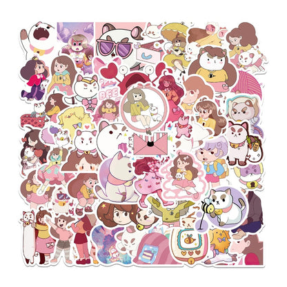 50PCS Cartoon Bee Girl and Dog Cat Doodle Stickers Exquisite and Stylish DIY Journal Decorative Decals Suitable for Phone Cases, Laptops, Luggage, Helmets, Guitars, and Stationery Boxes