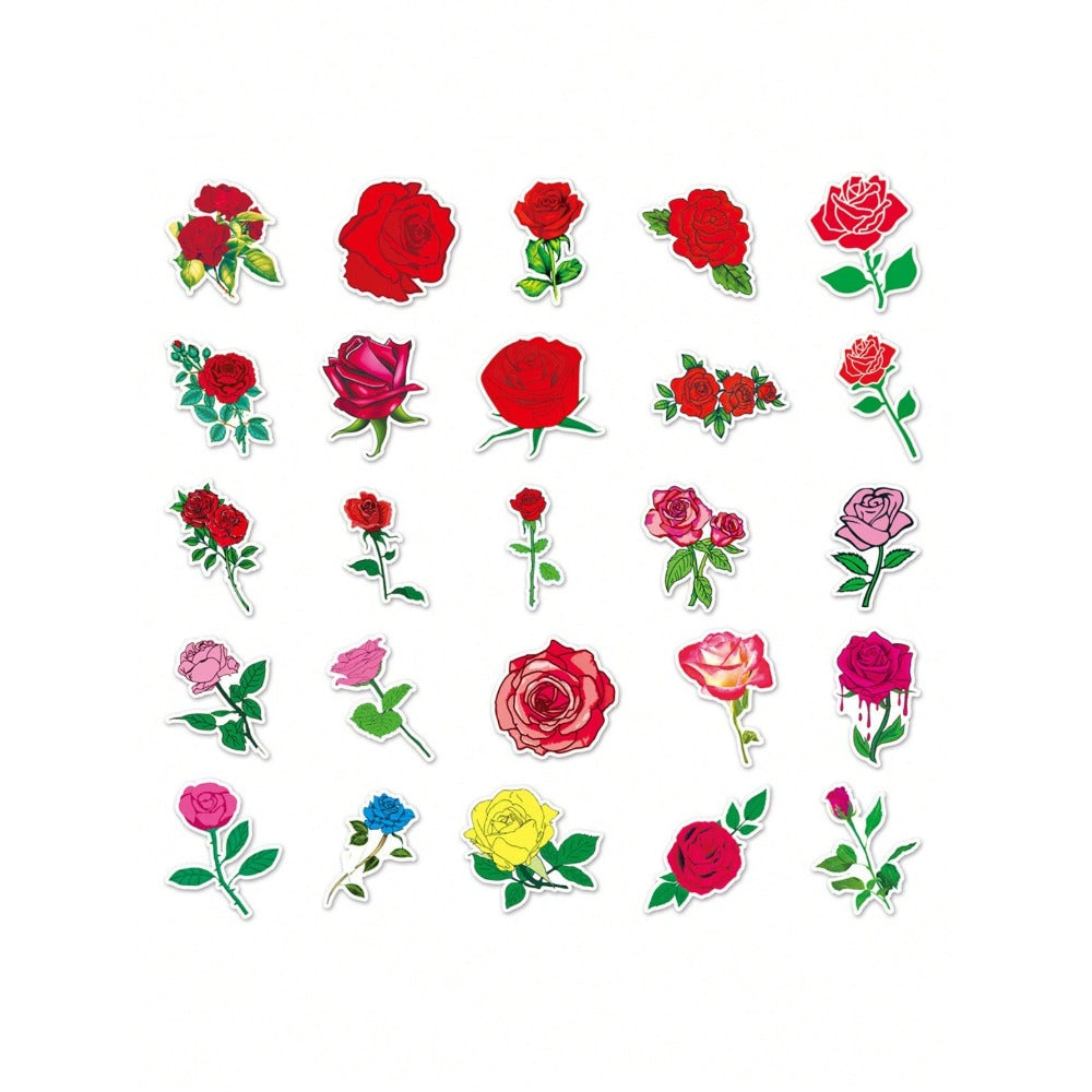 50PCS Red Rose Cartoon Doodle Stickers Exquisite, Fashionable, Creative DIY Decorative Decals Perfect for Cups, Helmets, Skateboards, Refrigerators, and Stationery Boxes