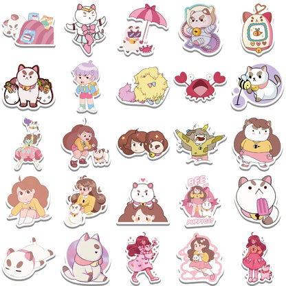 50PCS Cartoon Bee Girl and Dog Cat Doodle Stickers Exquisite and Stylish DIY Journal Decorative Decals Suitable for Phone Cases, Laptops, Luggage, Helmets, Guitars, and Stationery Boxes