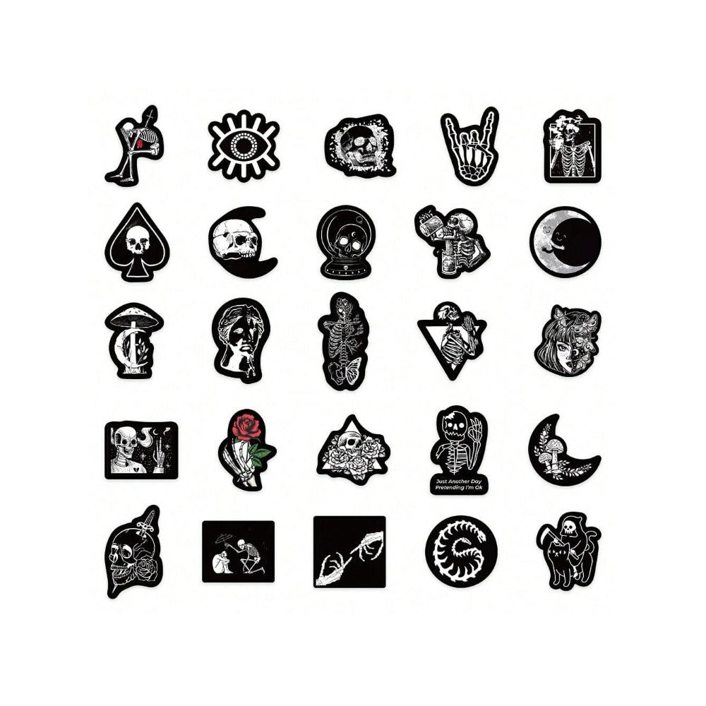 50PCS Cartoon Gothic Devil Black & White Punk Graffiti Stickers Exquisite Fashion Creative DIY Journal Decorative Decals Suitable for Skateboards, Guitars, Helmets, Bags, Stationery Cases