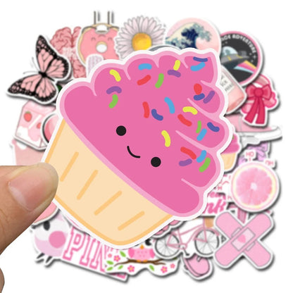 50PCS Cute Cartoon Girl Pink Fresh Doodle Stickers for Notebooks, Luggage, Skateboards, Water Bottles, and More—Perfect DIY Desktop Decor Decals