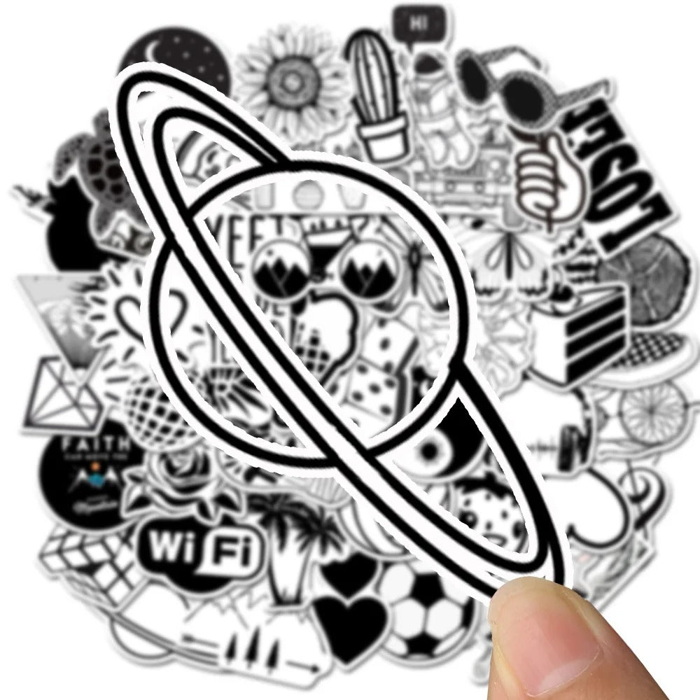 50PCS Cartoon Black & White Minimalist Series Doodle Stickers Exquisite, Fashionable, Creative DIY Journal Decorations Suitable for Water Bottles, Helmets, Skateboards, Refrigerators, Stationery Boxes