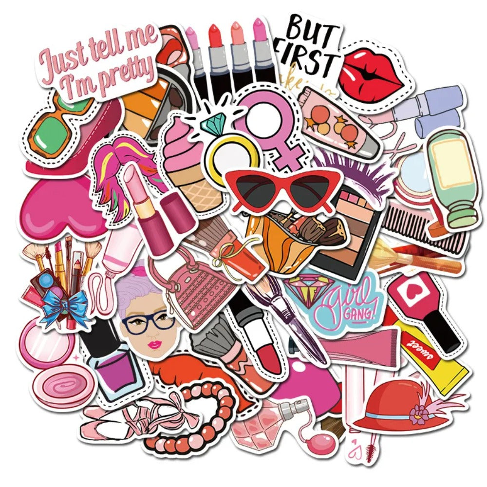50PCS Cute Pink Cartoon Girl Cosmetics Series Doodle Stickers Perfect for Bags, Notebooks, Skateboards, Water Bottles, Helmets, Stationery Boxes Exquisite DIY Desktop Decorative Decals