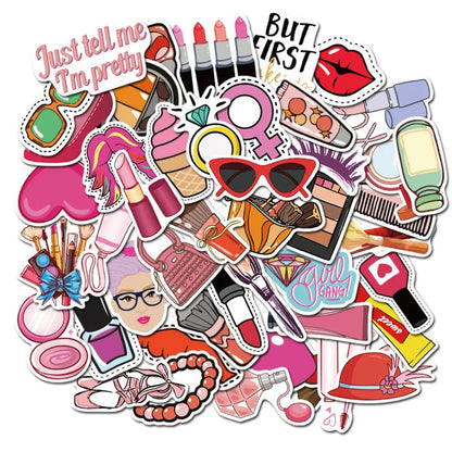 50PCS Cute Pink Cartoon Girl Cosmetics Series Doodle Stickers Perfect for Bags, Notebooks, Skateboards, Water Bottles, Helmets, Stationery Boxes Exquisite DIY Desktop Decorative Decals