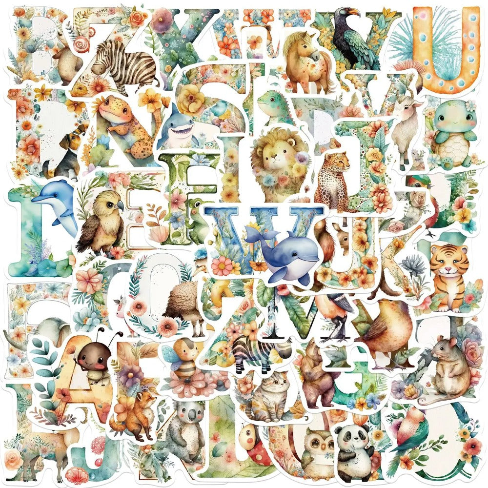 50PCS Alphabet Animal Doodle Stickers, Cute Cartoon ABC & Creature Decals for Early Learning and Toddler Education