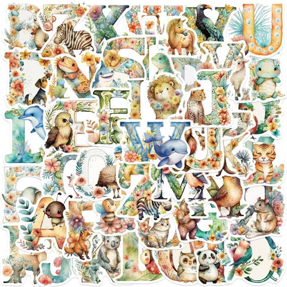 50PCS Alphabet Animal Doodle Stickers, Cute Cartoon ABC & Creature Decals for Early Learning and Toddler Education
