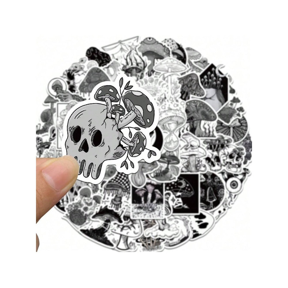 50PCS Gothic Horror Mushroom Series Graffiti Stickers Exquisite Fashion Punk Black & White Skull DIY Journal Decor Decals Suitable for Refrigerators, Helmets, Skateboards, Water Bottles, Stationery Boxes