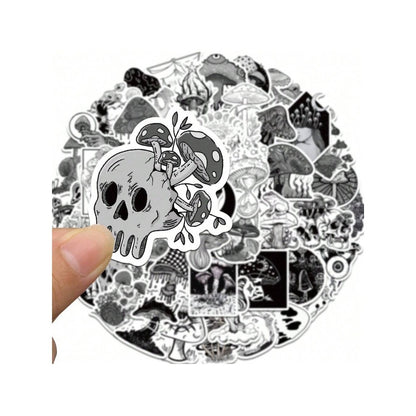 50PCS Gothic Horror Mushroom Series Graffiti Stickers Exquisite Fashion Punk Black & White Skull DIY Journal Decor Decals Suitable for Refrigerators, Helmets, Skateboards, Water Bottles, Stationery Boxes