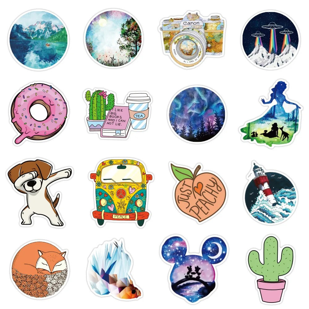 50PCS Summer Fresh Diverse Graffiti Stickers - Exquisite Fashionable Creative DIY Journal Decor Decals for Water Bottles, Helmets, Skateboards, and Stationery Cases
