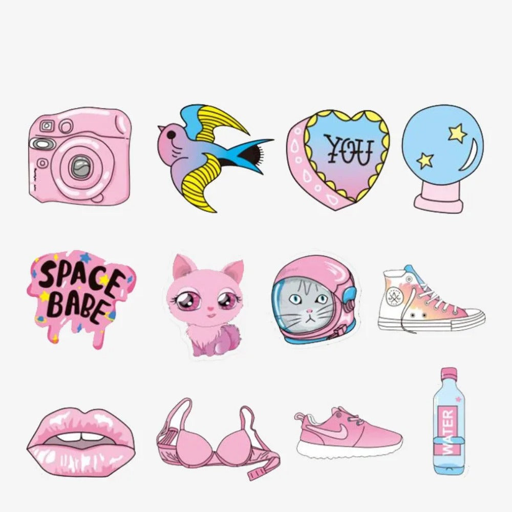 50PCS Pink Girl Theme Sticker Sheets, Cute Doodle Collection for Journal Decor, Vinyl Aesthetic Decals for Planners, Sketches, DIY Craft Projects, Y2K Style