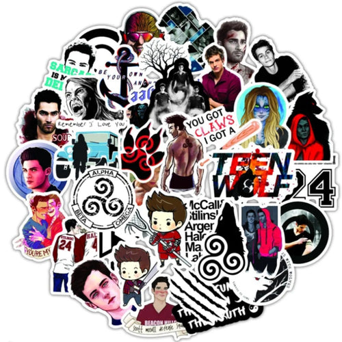 50PCS Teen Wolf Graffiti Stickers - Exquisite Creative DIY Decorative Decals for Suitcases, Skateboards, Water Bottles, Helmets, Guitars, and Stationery Cases