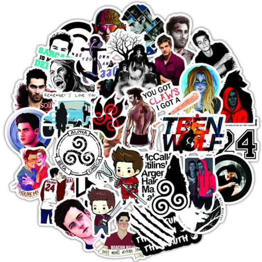 50PCS Teen Wolf Graffiti Stickers - Exquisite Creative DIY Decorative Decals for Suitcases, Skateboards, Water Bottles, Helmets, Guitars, and Stationery Cases