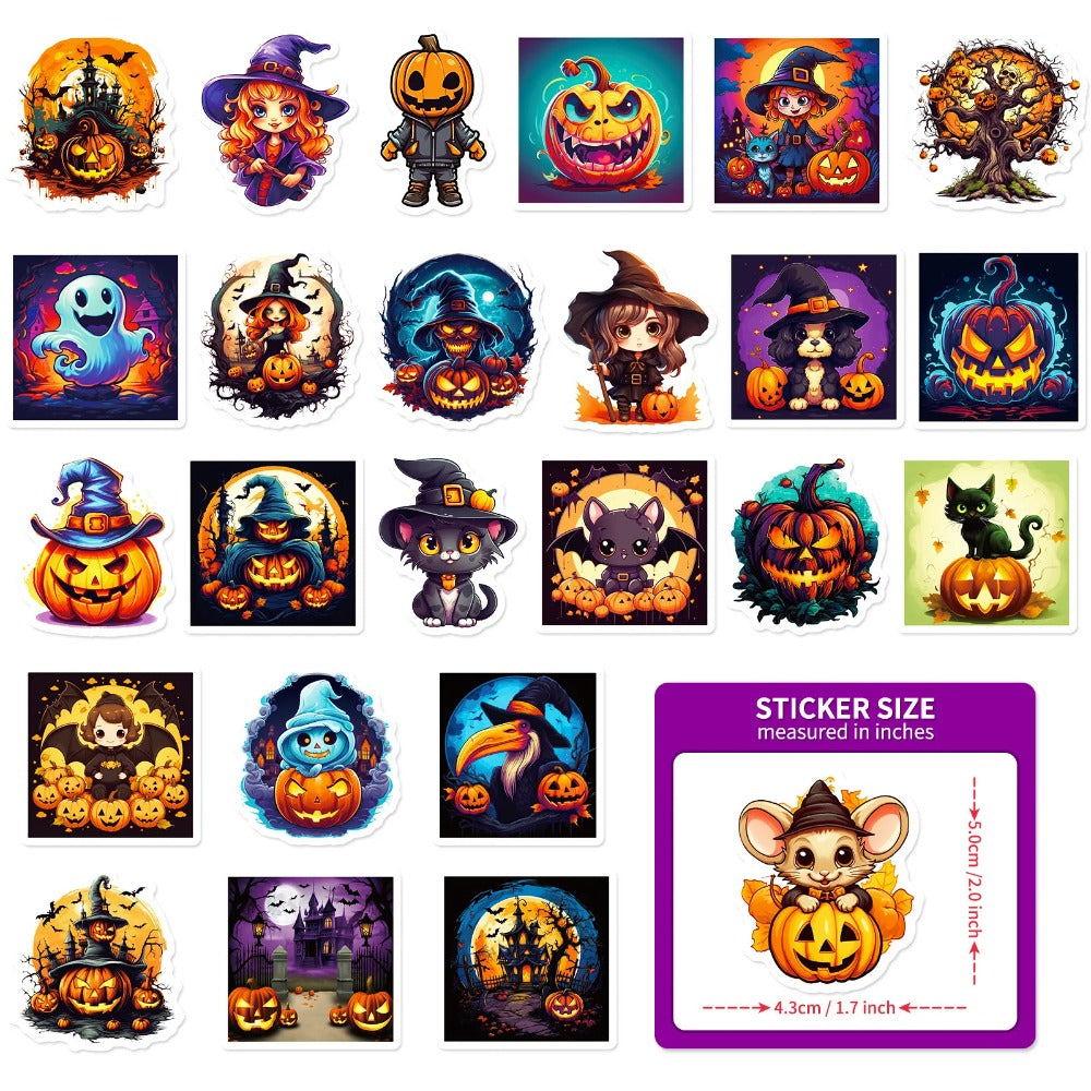 50PCS Cartoon Halloween Trick-or-Treat Pumpkin Doodle Stickers Exquisite, Stylish, Creative DIY Holiday Journal Decorations Suitable for Skateboards, Guitars, Laptops, Helmets, and Stationery Boxes