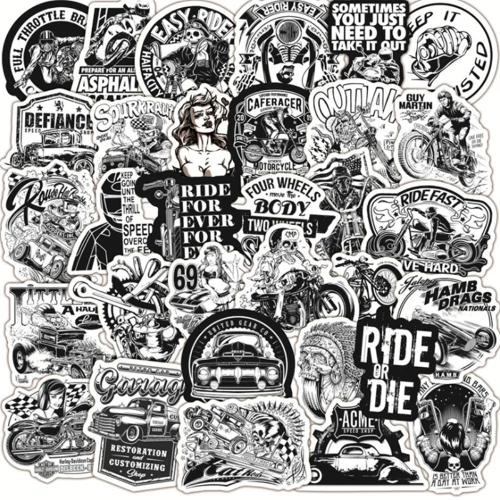 50PCS Black and White Retro Punk Cartoon Graffiti Stickers Perfect for Kids' Luggage, Water Bottles, Helmets, Skateboards, Guitars DIY Exquisite Desktop Decor Decals